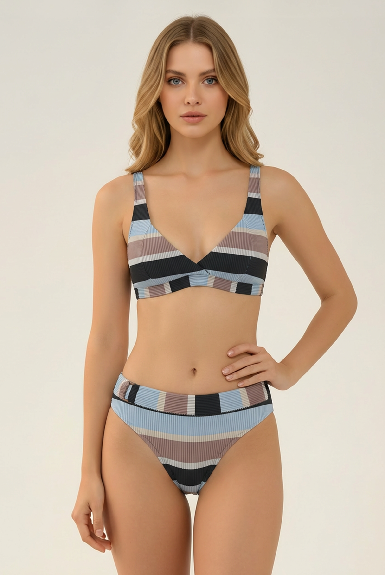 SunseekerSomeday Stripe Black V-neck Bikini Top