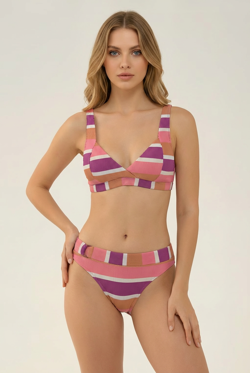 SunseekerSomeday Stripe Punch V-neck Bikini Top