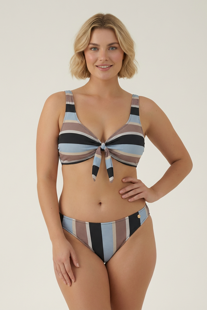 SunseekerSomeday Stripe Black Plus Cup Tie Front Bikini Top