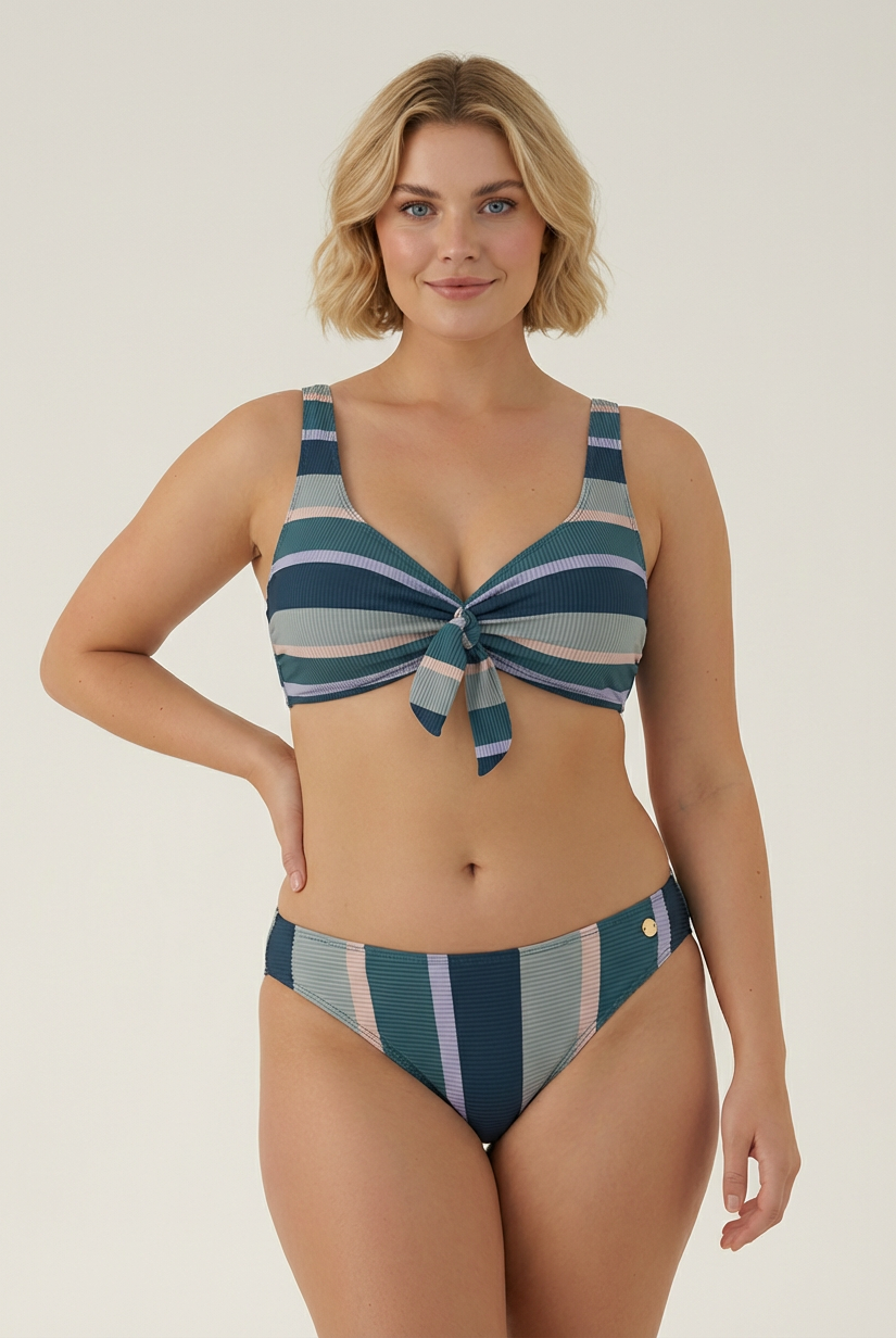 SunseekerSomeday Stripe Moonstone Plus Cup Tie Front Bikini Top