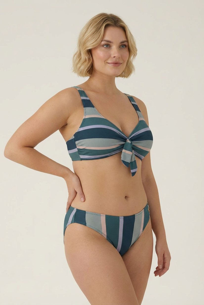 SunseekerSomeday Stripe Moonstone Plus Cup Tie Front Bikini Top