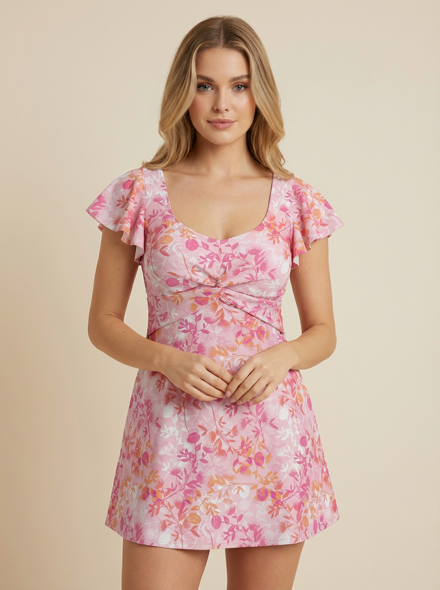 SunseekerBlooming Grace Pink Twist Front Short Sleeves Swimdress