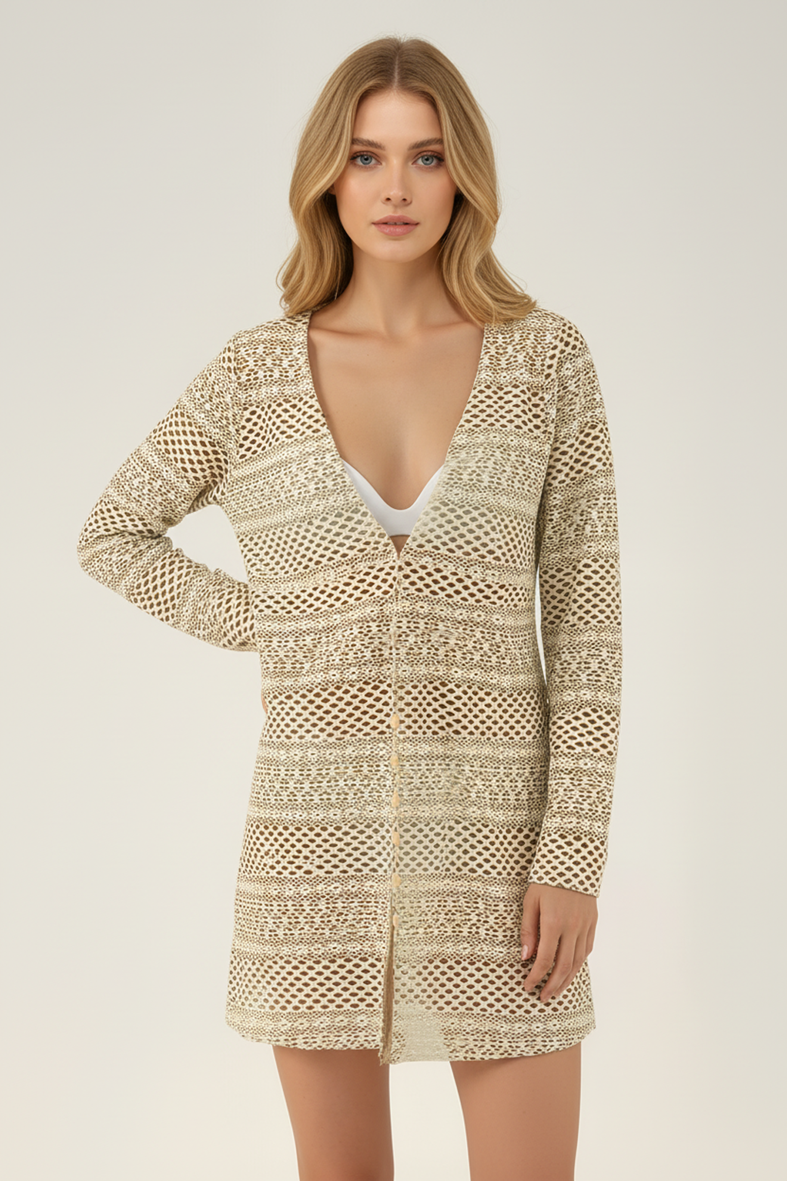 SunseekerCrochet Beige V-neck Buttoned Beach Kaftan