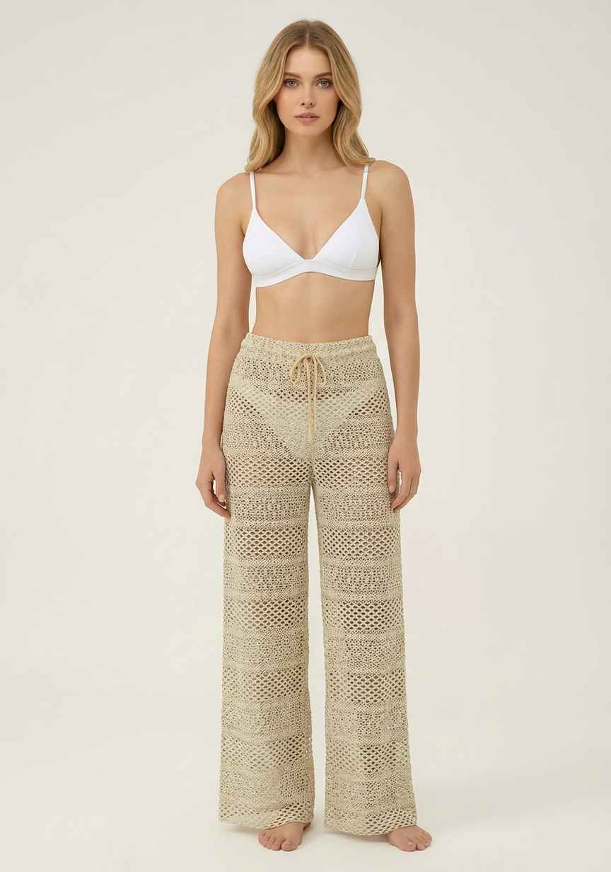 SunseekerCrochet Beige Tied Elastic Waist Beach Pants