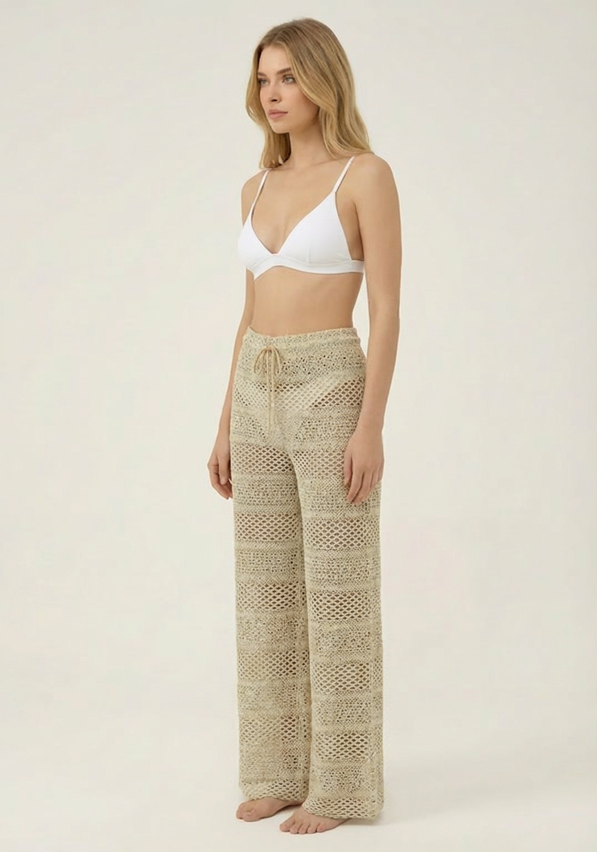 SunseekerCrochet Beige Tied Elastic Waist Beach Pants
