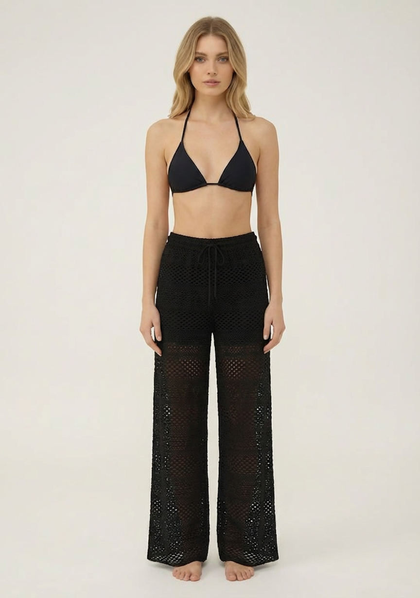SunseekerCrochet Black Tied Elastic Waist Beach Pants