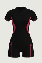 SunseekerSports Solid Black Zip Front Short Sleeves Bodysuit